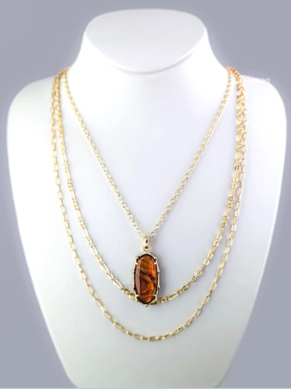 Kendra Scott Elle Bamboo Frame Triple Necklace Set Gold Marbled Amber Layered